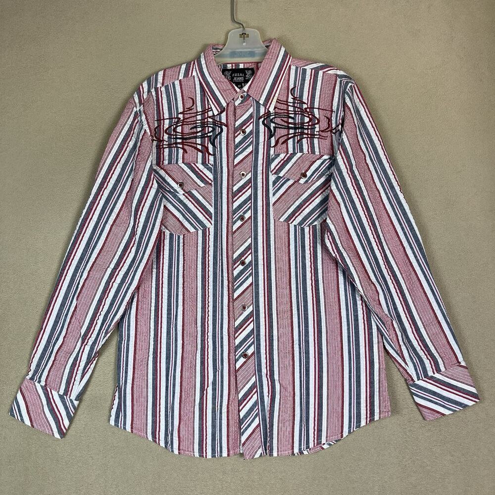 Fusai Jeans Shirt Mens M Red Striped‎ Long Sleeve Embroidered Western Button Up